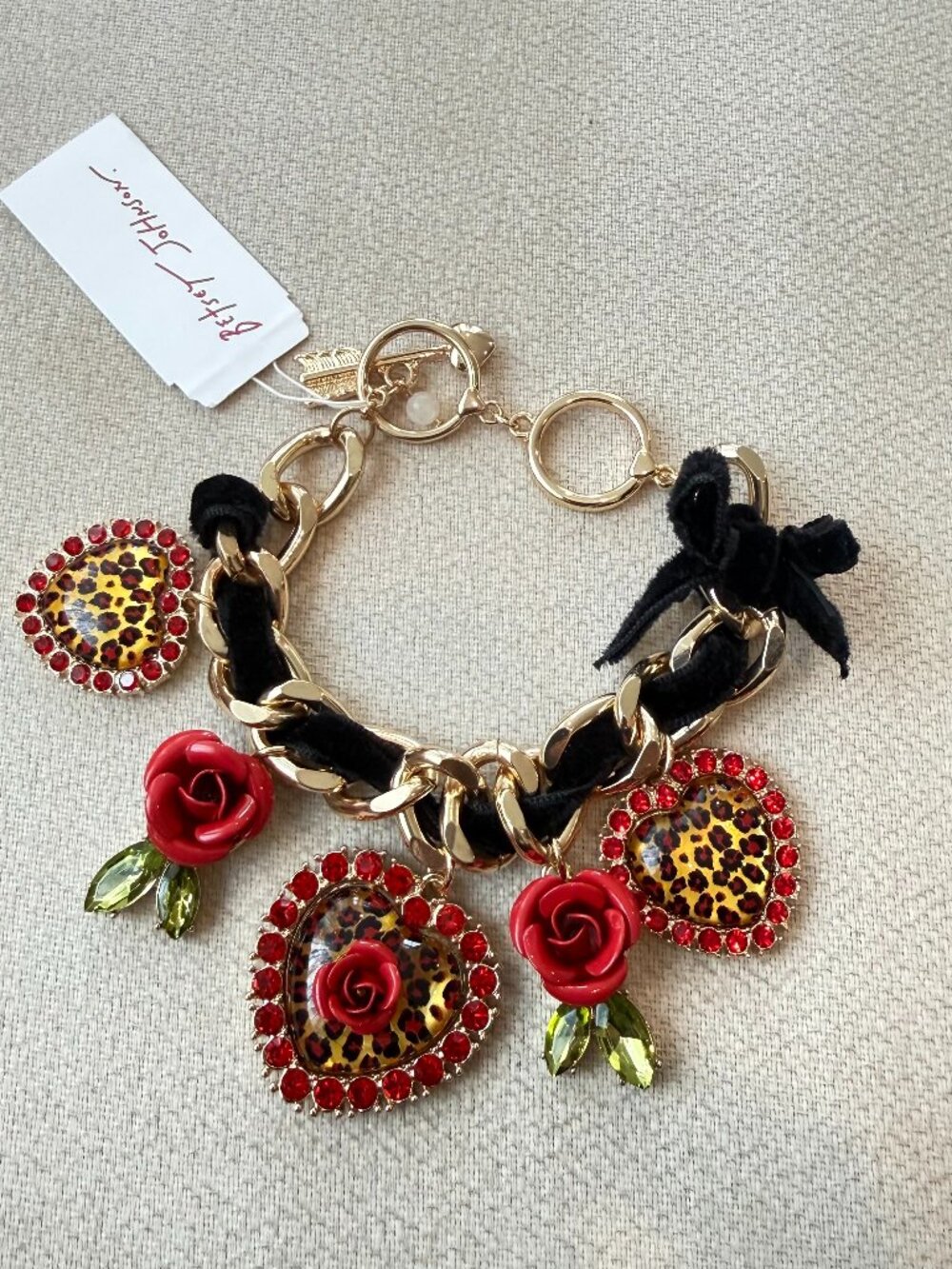 NWT Betsey Johnson Leopard Print Heart and Rose Charm Bracelet